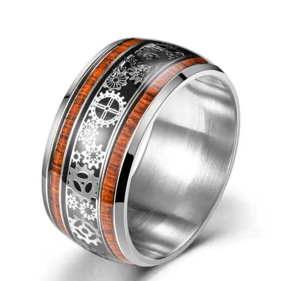 New Stainless steel woodgrain 8mm Steam punk gears ring - Picture 3 of 4